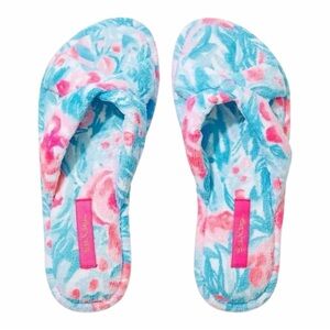 NWT! Lilly Pulitzer Velour Terry Slippers in Bondi Blue My Little Peony Size 7/8